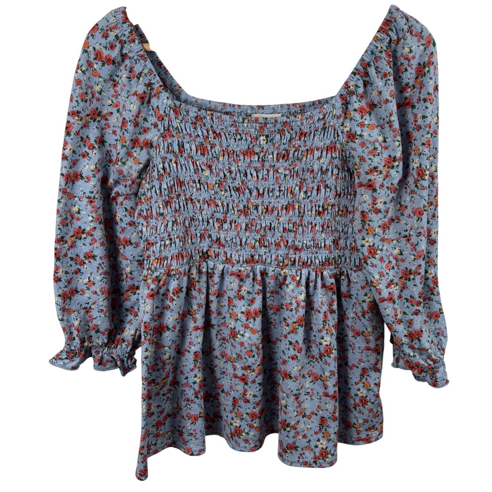 Melloday Blue Floral Smocked Square Neck Peasant Babydoll Blouse Top Women's‎ M